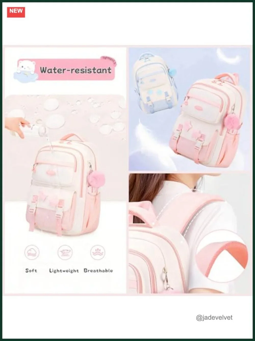 Nylon Girls Backpack for School with Star Pins and Furry Pendant